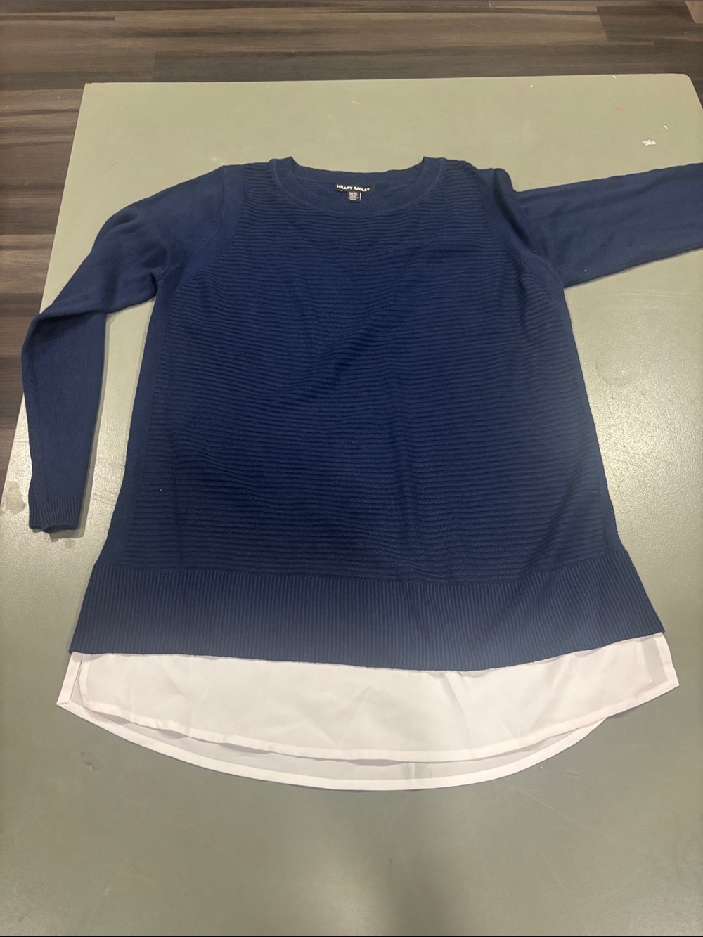 Hilary Radley Navy and White Layered-Hem Crewneck Sweater